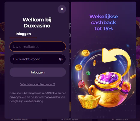 Inlogvenster van Dux Casino met velden voor e-mailadres en wachtwoord en een aanbieding voor wekelijkse cashback tot 15%